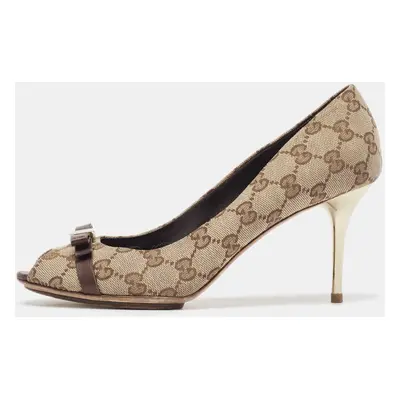 Gucci Beige/Brown Canvas and Leather Peep Toe Pumps Size