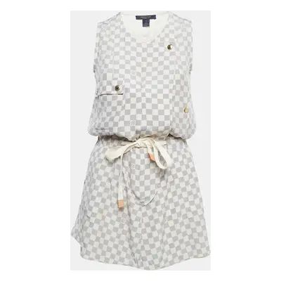 Louis Vuitton Off-White Damier Azur Print Silk Sleeveless Mini Dresses