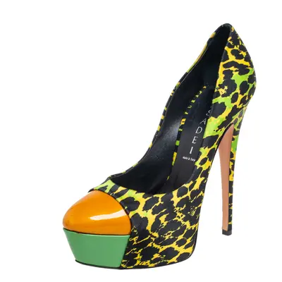 Casadei Multicolor Satin And Patent Leather Cap Toe Platform Pumps Size 37.5