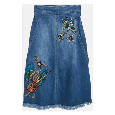 Zadig & Voltaire Blue Applique Denim Raw Edge Midi Skirt