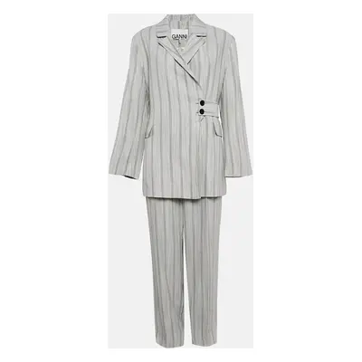 Ganni Grey Striped Crepe Button Front Pants Suit