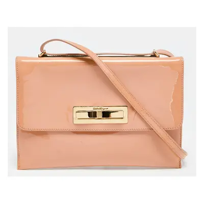 Salvatore Ferragamo Peach Patent Leather Metal Bow Flap Shoulder Bag