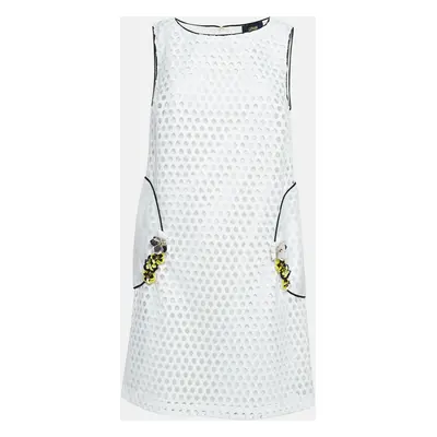 Just Cavalli White Floral Embellished Lace Sleeveless Shift Dress