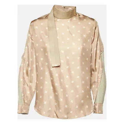 Fendi Beige Calligraphy Print Silk Belted Collar Detail Blouse