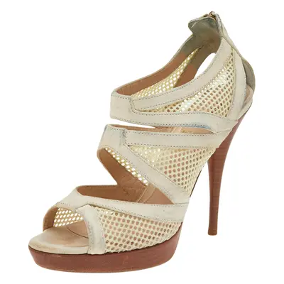 Fendi Off-White Suede And Mesh Cage Open-Toe Platform Sandals Size