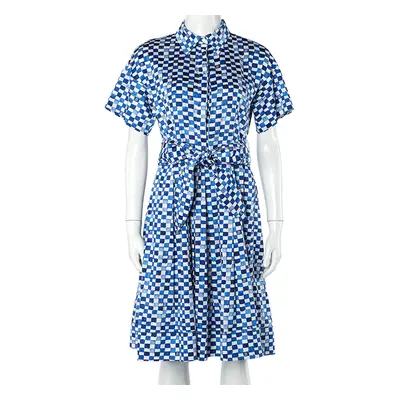 CH Carolina Herrera Blue Logo Grid Print Cotton Belted Dress