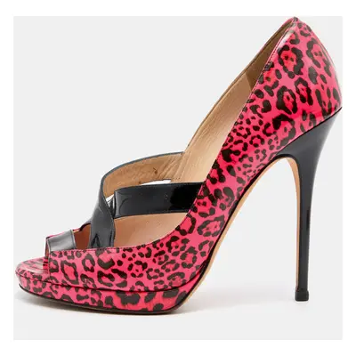 Jimmy Choo Pink Leopard Print Patent Leather Open Toe Pumps Size