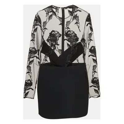 David Koma Black Rose Embroidered Tulle and Crepe Mini Dress