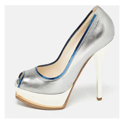 Fendi Silver Leather Fendista Peep Toe Pumps Size