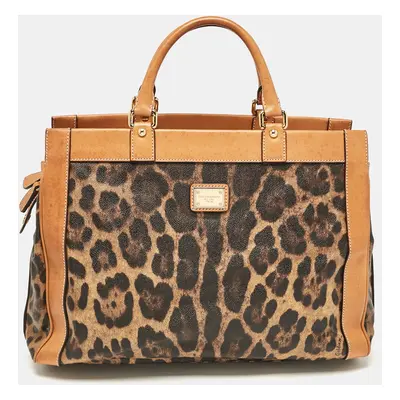 Dolce & Gabbana Brown/Black Leopard Print Coated Canvas and Leather Zip Satchel