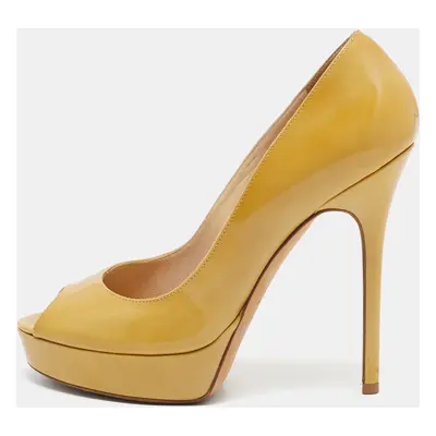 Jimmy Choo Yellow Patent Leather Crown Platform Peep Toe Pumps Size 37.5