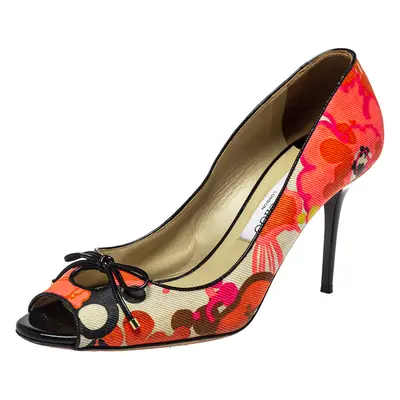 Jimmy Choo Multicolor Floral Print Canvas Bow Peep Toe Pumps Size