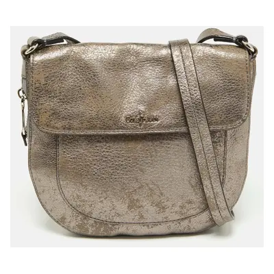 Cole Haan Metallic Grey Leather Flap Zip Round Crossbody Bag