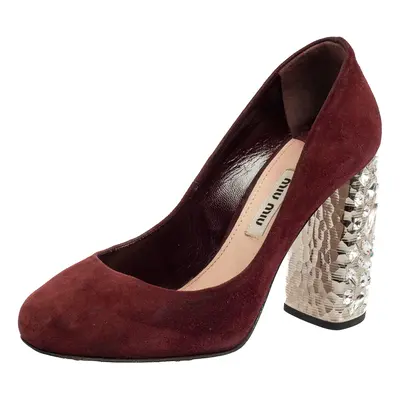 Miu Miu Burgundy Suede Crystal Embellished Block Heel Pumps Size