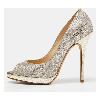 Jimmy Choo Gold/Silver Glitter and Leather Luna Peep Toe Pumps Size 38.5