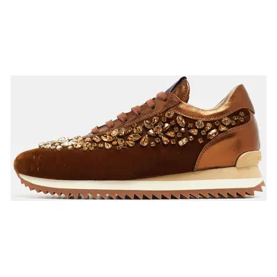 Le Silla Brown Velvet and Leather Crystal Embellished Low Top Sneakers Size 38.5