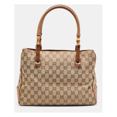 Gucci Brown/Beige GG Canvas And Leather Bamboo Tote