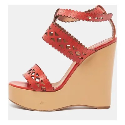 Chloé Red Laser Cut Leather Wedge Platform Ankle Strap Sandals Size 37.5