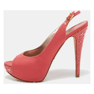 Gina Coral Pink Canvas Crystal Embellished Open Toe Slingback Pumps Size 39.5