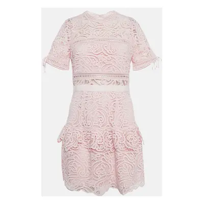 Self-Portrait Pink Abstract Guipure Lace Ruffled Mini Dress