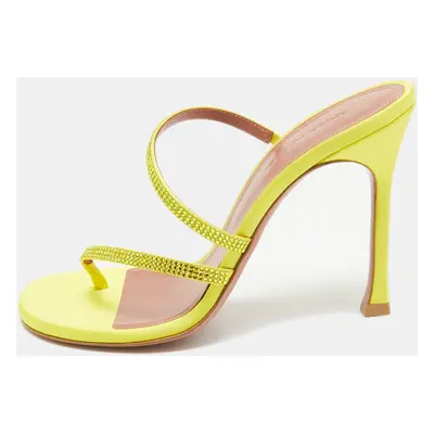 Amina Muaddi Yellow Crystal Embellished Satin Ami Slide Sandals Size