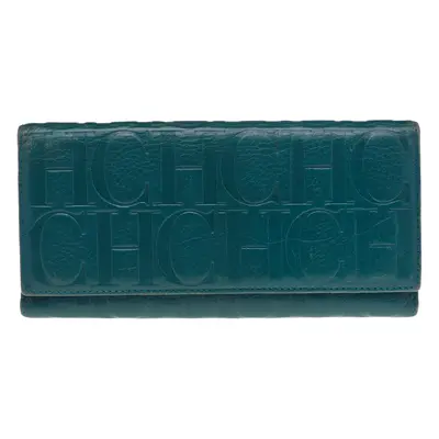 Carolina Herrera Green Monogram Embossed Leather Flap Continental Wallet