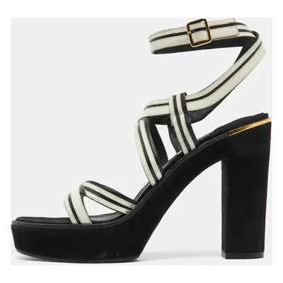 Salvatore Ferragamo White/Black Leather and Suede Ankle Strap Platform Sandals Size