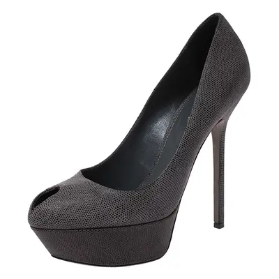 Sergio Rossi Grey Textured Leather Peep Toe Platform Pumps Size 38.5