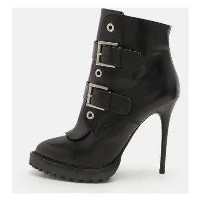 Alexander McQueen Black Leather Buckle Detail Ankle Length Boots Size