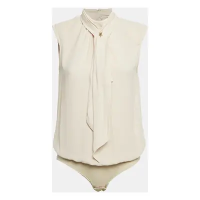 Elisabetta Franchi Cream Crepe Neck Bow Detail Bodysuit