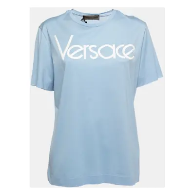 Versace Light Blue Cotton Logo Embroidered Tribute T-Shirt