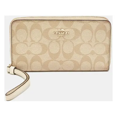 Coach Beige Siganture Coated Canvas and Leather Zip Around Wristlet Wallet