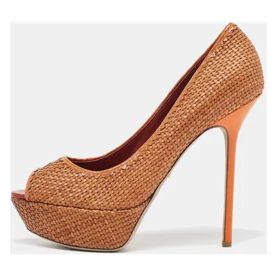 Sergio Rossi Brown Woven Leather Peep Toe Pumps Size