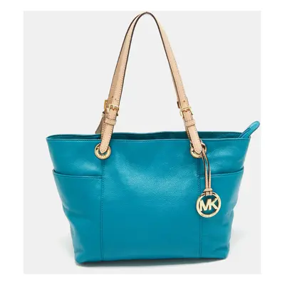 MICHAEL Michael Kors Teal Blue/Beige Leather Jet Set Tote