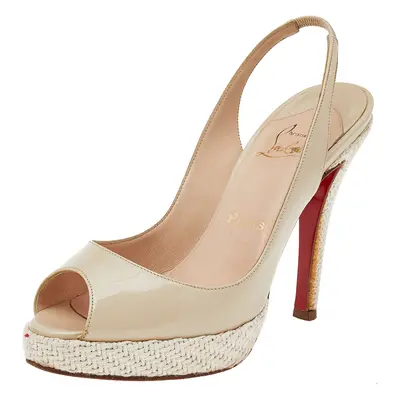 Christian Louboutin Beige Patent Leather Peep Toe Slingback Sandals Size