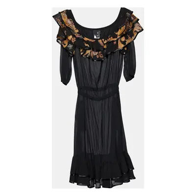 Just Cavalli Black Printed Silk Tiered Midi Dress