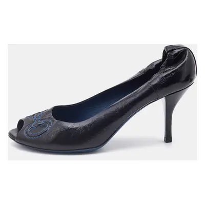 Gucci Black Leather Horsebit Embroidered Peep Toe Pumps Size