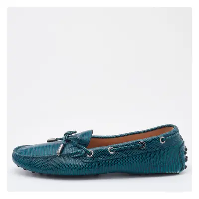 Tod's Teal Blue Lizard Embossed Leather Bow Slip On Loafers Size 37.5