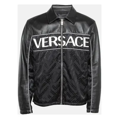 Versace Black Logo Applique Leather and Nylon Blouson Jacket