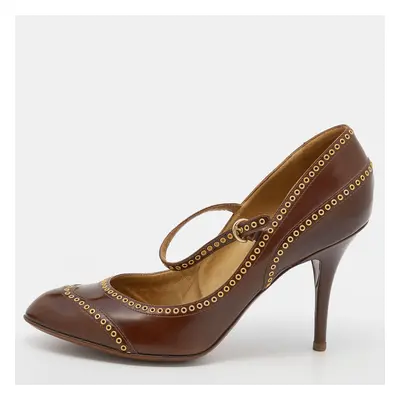 Sergio Rossi Brown Leather Eyelet Mary Jane Pumps Size