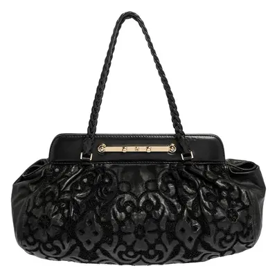 Valentino Black Leather Floral Embroidered Frame Satchel