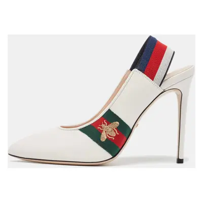 Gucci White Leather Web Detail Sylvie Slingback Pumps Size