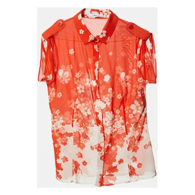 Versace Orange Floral Print Silk Crepe Button Front Blouse