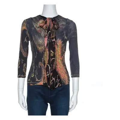 Roberto Cavalli Black Printed Stretch Knit Neck Tie Detail Top