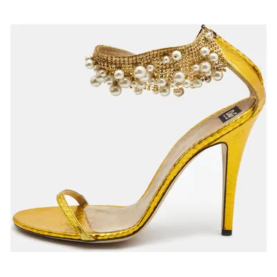 Dolce & Gabbana Metallic Yellow Python Embossed Leather Embellished Ankle Strap Sandals Size