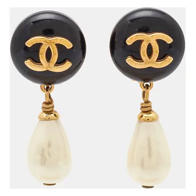 Chanel CC Resin Faux Pearl Gold Tone Earrings