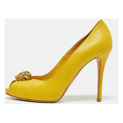 Alexander McQueen Yellow Leather Embellished Skull Peep Toe Pumps Size