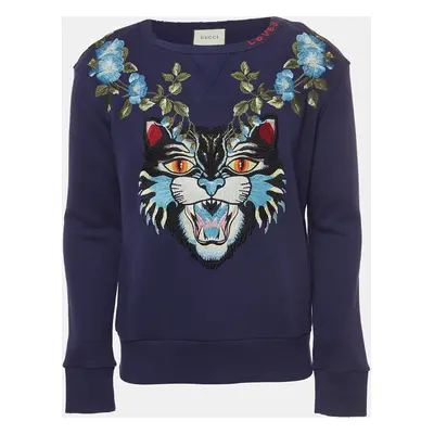 Gucci Blue Embroidered Cotton Crewneck Sweatshirt