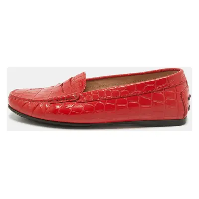 Tod's Red Croc Embossed Leather Penny Slip On Loafers Size