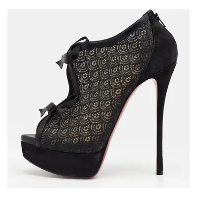 Christian Louboutin Black Suede, Lace and Mesh Empiralta Bow Open Toe Ankle Booties Size